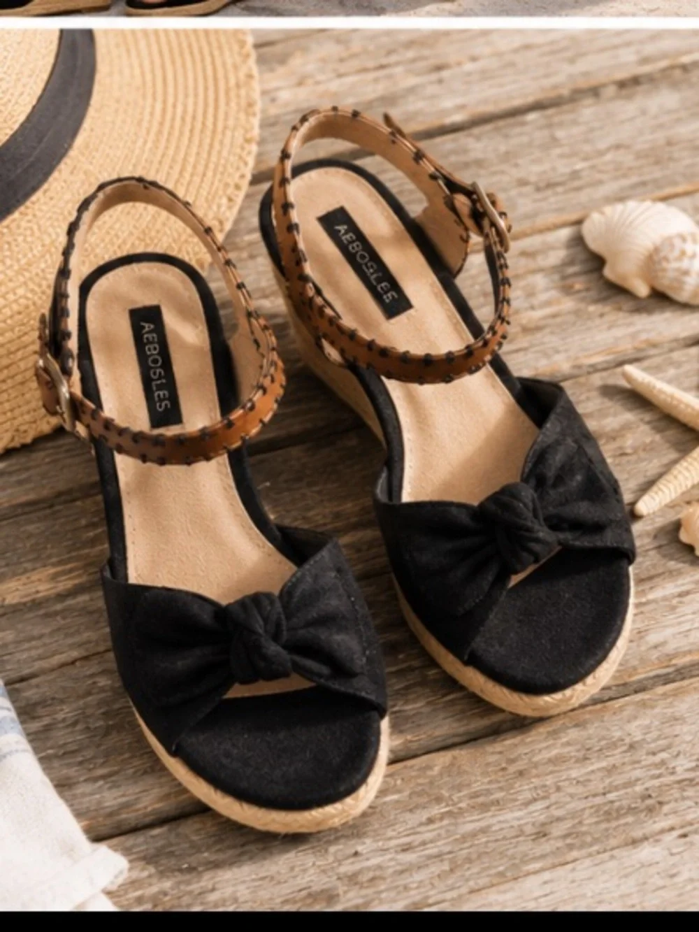 Aerosoles Women’s 12 Espadrille Wedge Sandals Black Bow Ankle Strap Boho Chic